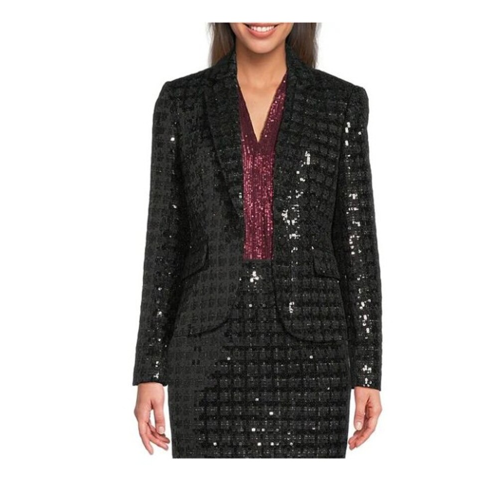 Calvin Klein Shine Notch Lapel Long Sleeve One Button Jacket black size 6 women